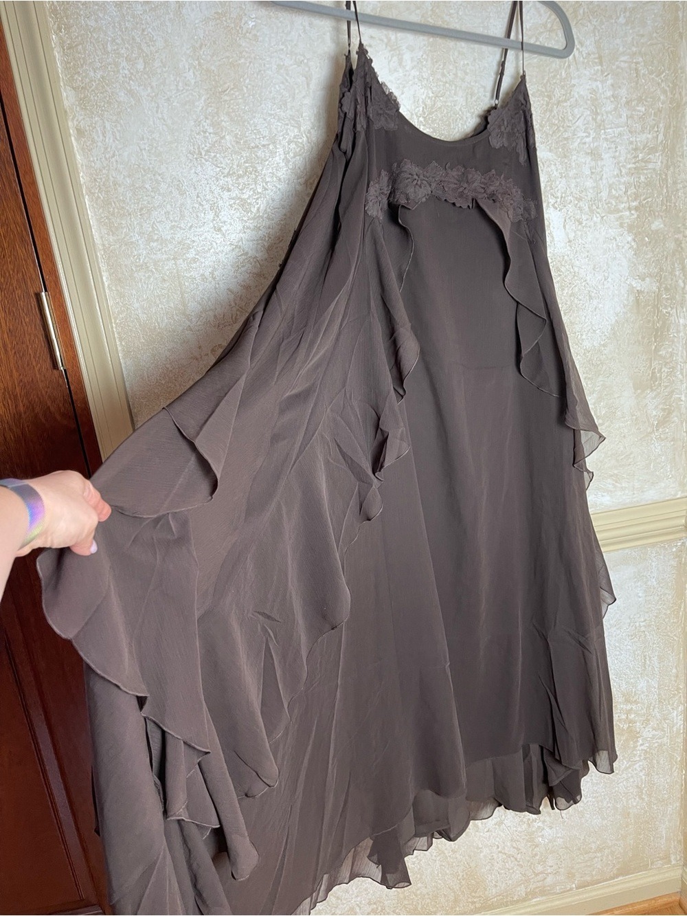 House of Harlow 1960 Chiffon Maxi Cocktail Dress Ruffles Brown Flowy Fairy Sz M - Picture 4 of 10